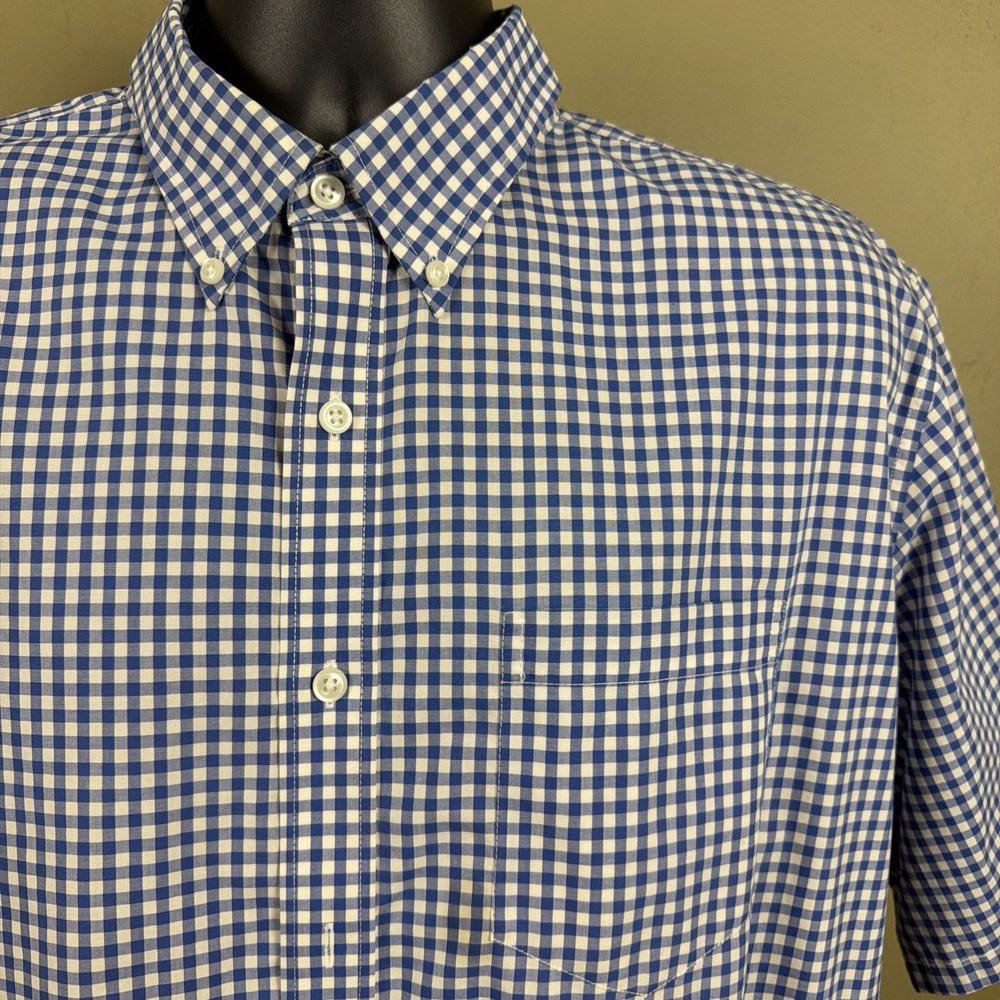 LL BEAN Mens L Kennebunk Traditional Fit Blue Gingham Check Short Sleeve 022G8